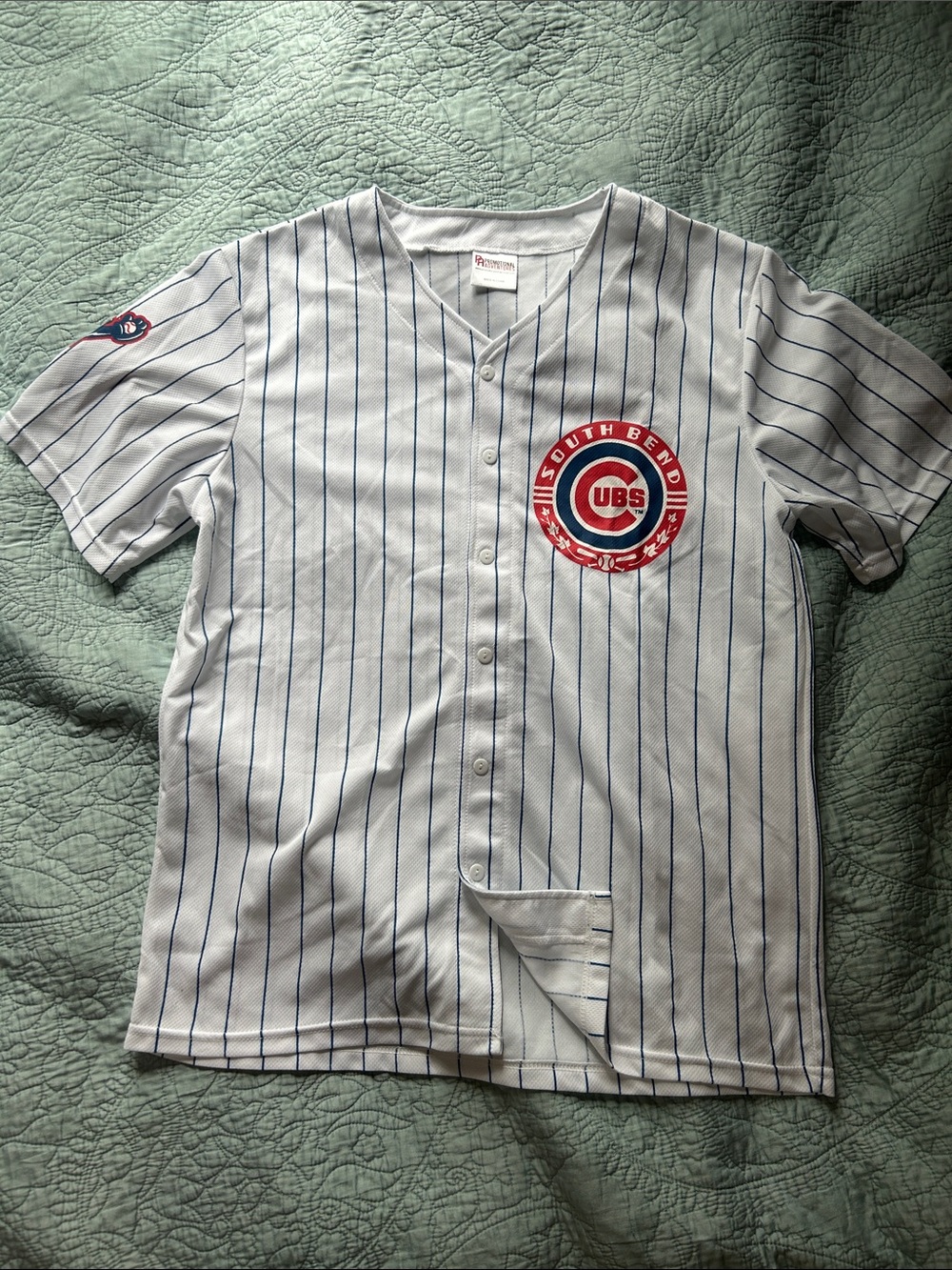 South Bend Cubs Pinstripe Baseball Jersey - White with Blue & Red Logo L